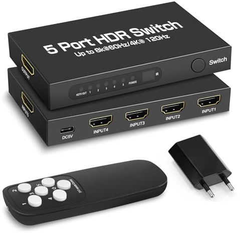 HDMI Switch 5 In 1 Out, HDMI 2.1 Switch 8K@60Hz & 4K@120Hz, HD MI Schalter mit Fernbedienung, Compatible Supports VRR, Dolby Vision,Compatible für PS5, Xbox, Fire TV, Apple TV, PC, Blu-Ray, DVD Player