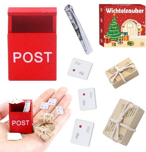 Joxessaien Wichtel Deko Set Magie – 1:12 Miniatur Weihnachtszubehör & Puppenhaus – Bücherregal mit Mini-Büchern, Zaubertrank-Fläschchen, Kessel und Kristallkugel (Mailbox)