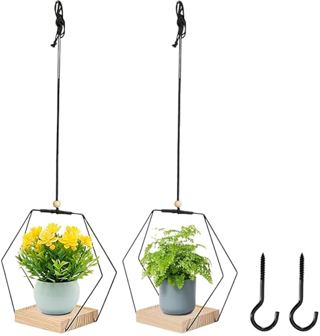 GBKDQQ 2 colgantes colgantes para interiores, anillo de metal con base de madera, hexagonal, maceta colgante con 2 ganchos para colgar, maceta colgante para interior, exterior, terraza, balcón