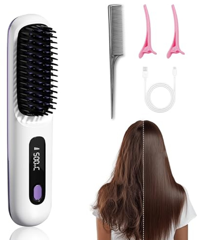 Kabellose Glättbürste, Mini Glätteisen Kabellose, Haarglätter Bürste, 31mm Keramik Heizelement, Tragbar Glättungsbürste, Wärmebürste Für Perfektes Haar & Bart Styling (Weiß)