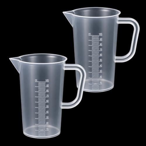 Psiriol 2PCS 100ml Graduated Beaker Clear Plastic Measuring Cups | Small Measuring Jug with Handle for Baking Kitchen Measure Tool, Easy Pour