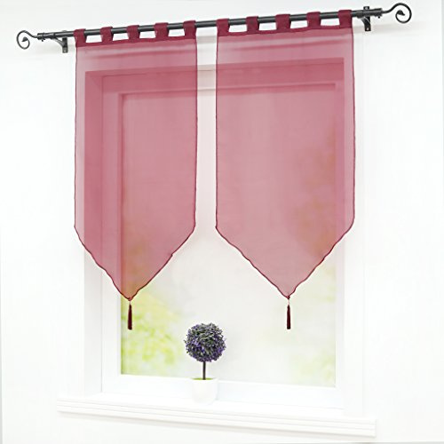 Joyswahl Scheibengardine Voile Bistrogardinen mit Quaste Violett Schlaufen | BxH 45x90cm, Panneaux 2 Stück, Fenstergardinen Einfarbig, Melina Kurzstore landhaus, Küchengardine Transparent, Kleinfenster