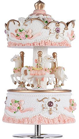 Musfunny Carousel Music Boxes for Girls, 3-Horse Rotating Windup Color Change LED Lights Melody Castle in The Sky Musical Gift for Daughter Birthday Christmas Festival Music Box Artware (Luxury Pink)