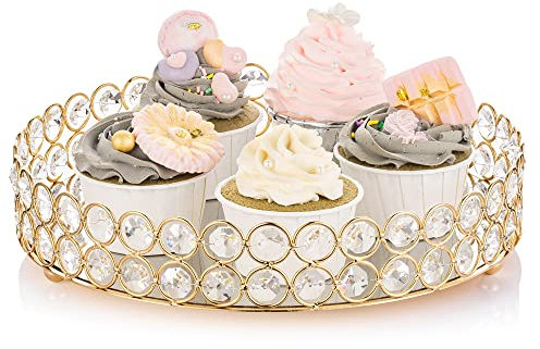 NUPTIO Plateau Décoratif de Miroir de Vanité: 25cm de Diamètre Cristal avec Plateau Décoratif Plateau Décoratif Orné pour Le Parfum Les Bijoux Les Bougies et Le Maquillage