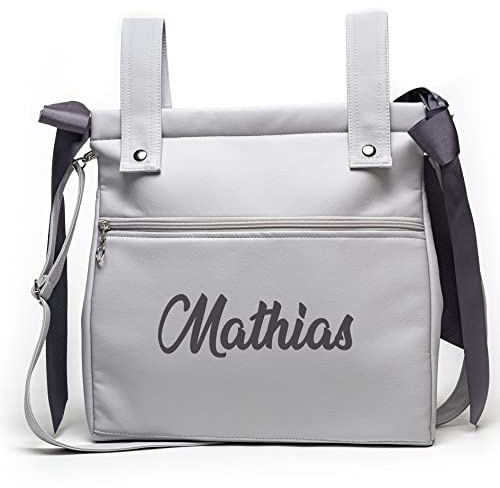 Personalisierte Öko-Leder Einkaufstasche für Kinderwagen mit Name - Kinderwagentasche - Kinderwagen Organizer Tasche Brotkasten - Grau - Nenel