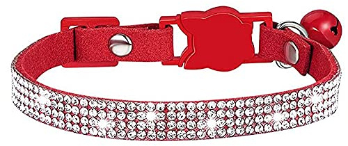 haoyueer Strass-Halsbänder für Hunde und Katzen, mit Glöckchen, glitzernd, mit weichem Samt-Kristall, für Mädchen, Rot