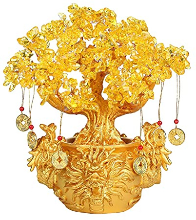 Arbre à argent chinois Feng Shui en cuivre - Bonsaï jaune - Arbre porte-bonheur doré - Avec sac d'argent - Pour fête de fortune et de bonne chance - Cadeau spirituel - W4658 - Jaune - Petit format