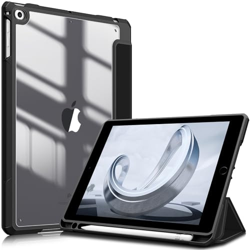 Fintie Hybrid Hülle mit Stifthalter für iPad 6./5. Generation 2018/2017, iPad Air 2/Air 1. Gen 9.7 Zoll - Stoßfeste Schutzhülle mit transparenter Hartschale auf der Rückseite Schwarz