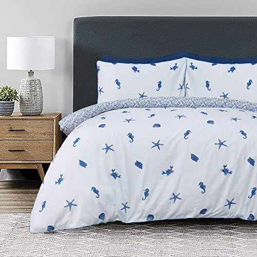 Sleepdown Sea Shore Nautische Wellen Weiß Blau Wendbarer Bettbezug Quilt Kissenbezüge Bettwäsche Set Pipe Edge Weich Pflegeleicht - King (230 cm x 220 cm)