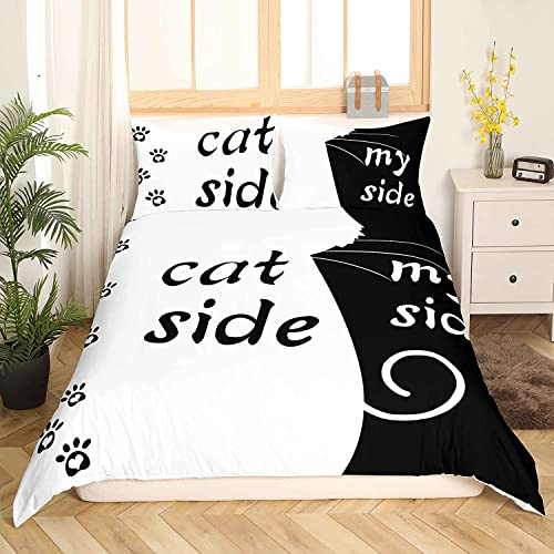 Katzenseite Und Meine Seite Bettwäsche Set 135 x 200 Kawaii Katze Bettbezug für Paare Frauen Mädchen Schwarz und Weiß Süßes Kätzchen Bettbezug Modernes Romantisches Thema Schlafzimmer Dekoration