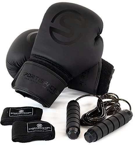 Sportisfaction Boxhandschuhe 8oz mit Bandagen & Springseil | Schutz & Unterstützung für Handgelenke | Für Verschiedene Gewichtsklassen geeignet | Hochwertiges PU-Leder | Verschiedene Größen