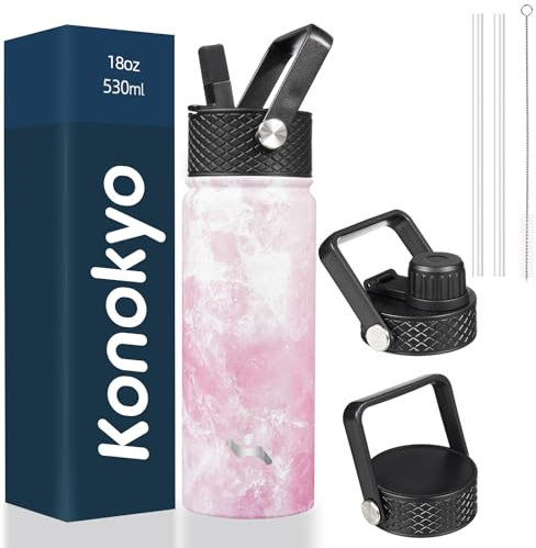 Konokyo Insulated Water Bottle with Straw,18oz 3 Lids Metal Bottles Stainless Steel Water Flask,Marble Blossom