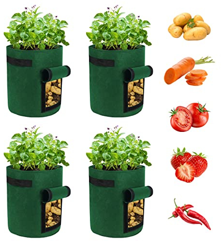 Ohiyoo Potato Grow Bags 4 Pack 10 Gallon Potato Growing Bags, Nonwoven Fabric Pots with Handles and Window Flap, Planter Vegetable Growing Containers for Tomato Carrot Onion(Dark Green)