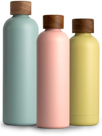 T&N Edelstahl Trinkflasche 750ml, Thermosflasche 0.75l mit Akazienholz Deckel, Isolierte Wasserflasche auslaufsicher bei Kohlensäure, Isolierflasche 750 ml - Nude