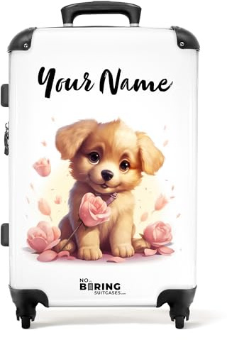 NoBoringSuitcases.com® Koffer personalisiert, Kinderkoffer, 67x43x25cm - Reisekoffer - Kinder reisekoffer, Rollkoffer - Hartschalenkoffer - Hund mit Blumen Mittelgroß mit Rollen - Koffer mit Namen