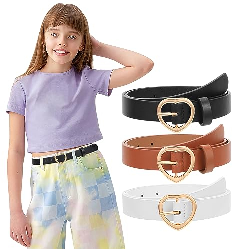 LEACOOLKEY 3 Pack Kinder Gürtel für Mädchen Herz Schnalle Leder Mädchen Gürtel hohle Taille Gürtel für Jeans Hosen
