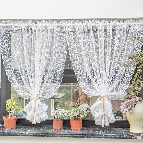 Yaland, Tenda in rete con design in pizzo, Tenda trasparente delicata per cucina, soggiorno, stile casa di campagna, 1 pezzo, bianco, 130 x 45 cm (larghezza x altezza)