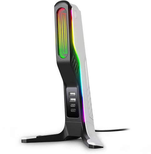 IFYOO RGB Gaming Headset Stand for PC, Xbox, PS5, with 2 USB and 1 Type-C Port, Earphone Holder, Desk Accessories, Black & White