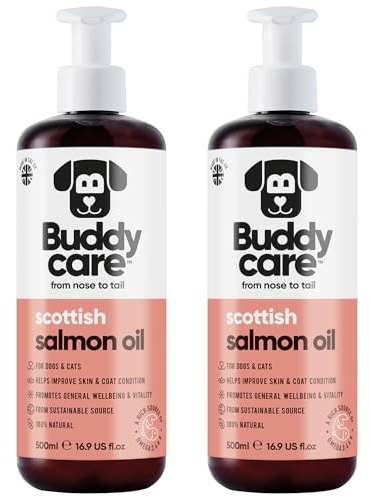 Olio di Salmone Premium per Cani Buddycare (500ml x2) | Integratore Essenziale di Omega 3, 6 e 9 per Cani e Gatti | Omega 3 Naturale per Gatti | Olio di Salmone per il Supporto del Sistema Immunitario