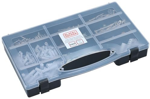 BLACK+DECKER Set chiodi, tasselli e viti – 560 pezzi – Scatola assortimento – Tasselli Fischer – Tasselli – Set di viti – Set