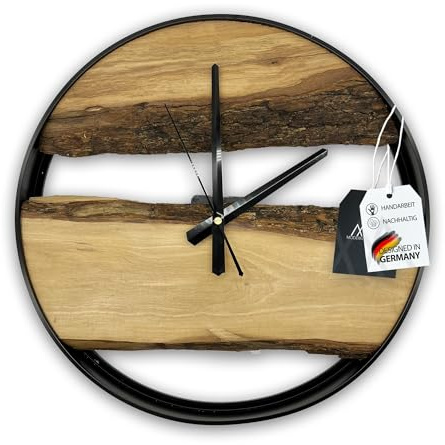 Wanduhr Holz 38 cm Olivenholz – Handgemacht, Geräuschlos, Baumkante – Moderne Wohnzimmer Uhr