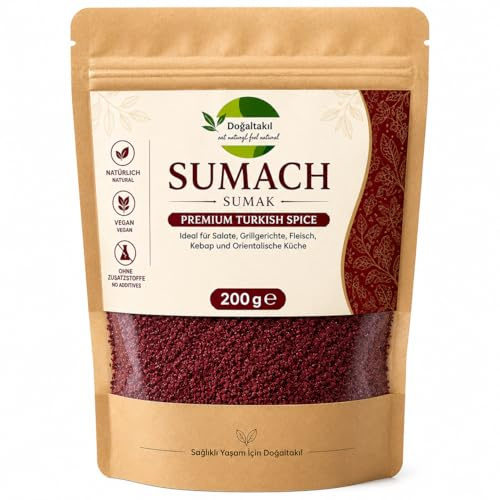 Sumachgewürz, Sumachpulver, gemahlener Sumach, Essigbaumgewürz, leicht getrocknet und gemahlen, veganes Gewürz (200 g)