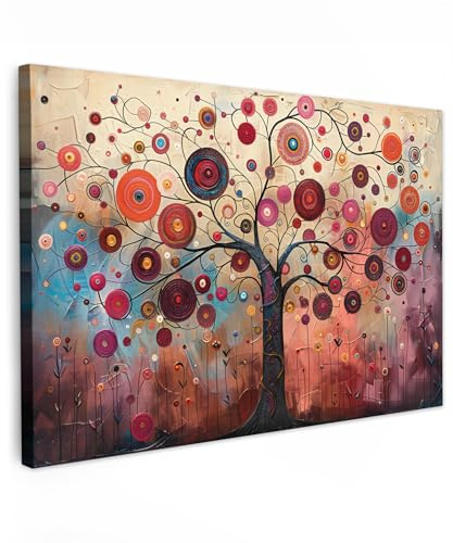 MuchoWow© Leinwandbild Groß XXL Dekoration Wohnzimmer Bilder Pictures Wall | 120x80 cm - Decoration Living Room Wohnungs Deko Moderne Bild Baum des Lebens - Blumen - Rosa - Hippie - Kunst