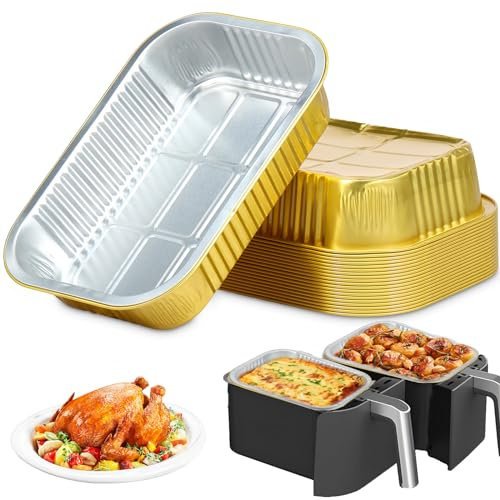 20Pcs Aluminum Foil Trays With Lids, 22x15cm Food Grade Containers, 1050ml Non-Stick Baking Pans, Portable for Double Basket Air Fryer Oven Cooking