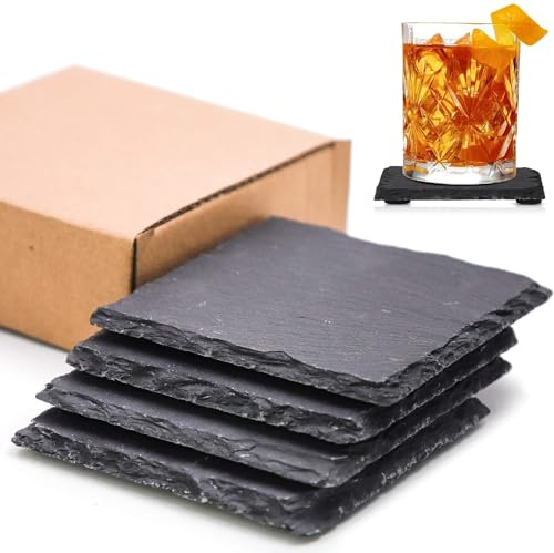 LATERN 4 Stück Schiefer Untersetzer, 10CM Quadratisch Schwarzem Stein Gravierbare Blankem Tassen Untersetzer Natürliche Raue Kante mit kratzfester Unterseite für Getränke Kaffee Bar Küche Heim Dekor
