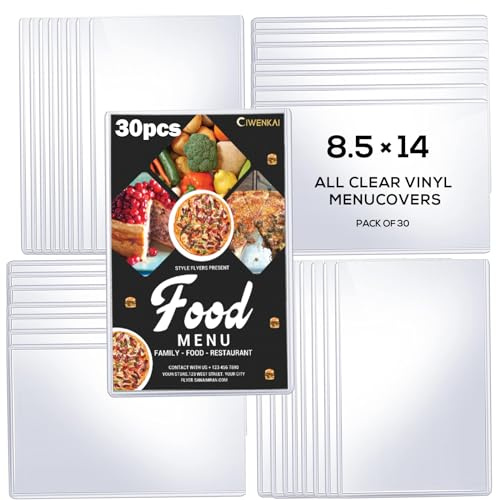 Restaurant Menu Covers Clear Vinyl - Menu Covers with Protective Film 8.5 x 14 Inch - Single Page 2 View, Wipeable, Reusable, Menu Holder Top-Loading 30 Pack
