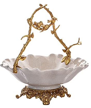 XXAezr Cesta Fruta Plato cerámico for fruta Retro chino hecho a mano, plato de fruta artesanal de cobre, decoración for el hogar y la sala de estar, cuenco de porcelana for dulces Fruteros