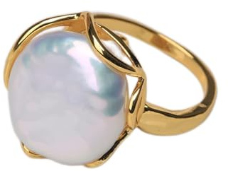 Aqxyedc Natürlicher Süßwasser-Barock-Perlenring Retro-Stil 14K-Anmerkungen Gold Retro- Stil unregelmäßiger Knopfring wanglan