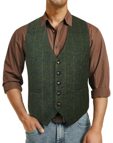 Enlision Chalecos De Tweed Verde Para Hombre Chaleco De Vestir Casual De Lana Para Hombres Chalecos De Negocios Formal De La Boda Con El Bolsillo M
