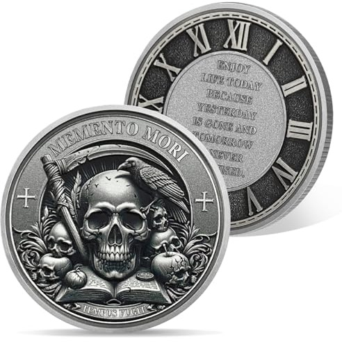 AtSKnSK Memento Mori Münze TEMPUS FUGIT Münze Totenkopf Herausforderungs Münze Raben Medaillon Chip Stoische Geschenke Erinnerungsstück für Damen und Männer