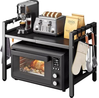 UBRAVOO Adjustable Microwave Oven Rack with Hooks, 100 kg Capacity, Space-Saving Kitchen Shelf with Storage Organizer (Black)