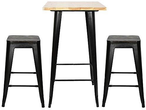 HUOLE Mesa Alta de Bar de Estilo Industrial para 2-4 Personas, Patas de Metal Negro, Estructura de Acero, Tablero de Madera MDF, 60 x 60 x 110 cm (Color Madera)