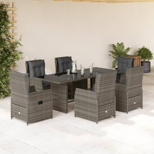 IKAYAA Polyrattan Sitzgruppe für 6 Personen, Gartenmöbel Set mit Tisch und 6 Verstellbare Hochlehner Stühlen, Essgruppe für Garten Terrasse und Balkon, inkl. Sitzkissen Grau