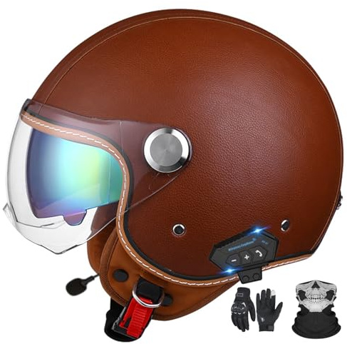 GNIUBBDB Casco Jet Bluetooth Casco Moto Certificazione ECE Casco Pelle per Adulti Casco Scooter Casco Jet Uomo Donna con Doppia Visiera Parasole E-2,L (57-59 cm)