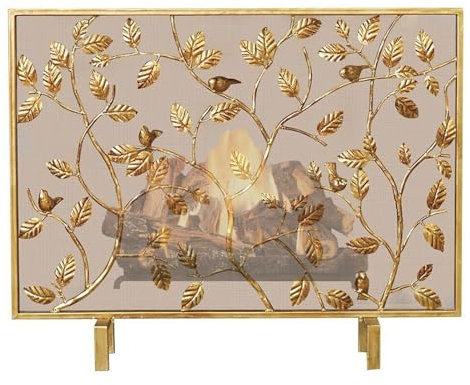HPTHLY Kaminschirm, antik-Goldener Kaminschutz mit Stützfüßen, 100 × 80 cm, Kaminschirm im Landhausstil, flach für Holzöfen/Grills