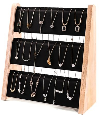 JUNNASALIKER Schmuckständer mit 3 Ebenen, filigranes Holz, Halskettenhalter mit 3 Ebenen für Schmuck-Präsentation und Organisation
