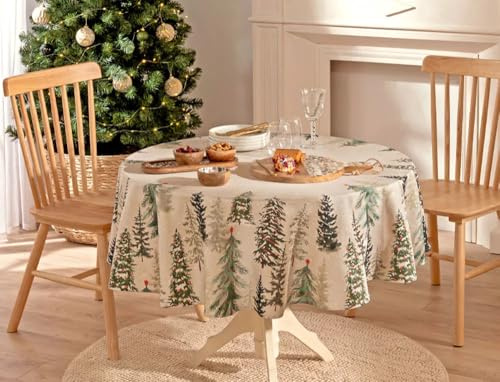 BOX And Tree | waschbare runde Weihnachtstischdecke mit Tannenzweigen, Schneeflocken, Bäumen und Weihnachtsmotiv (160 cm)