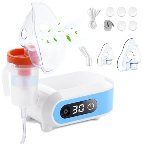 Wholede Nebulizador Comprimido, Nebulizador Portátil para Bebe Niños Adultos, Aerosol Inhalador Ultrasónico Silencioso con 2 Máscaras y Boquilla, Función Temporizador, Atomización Ajustable