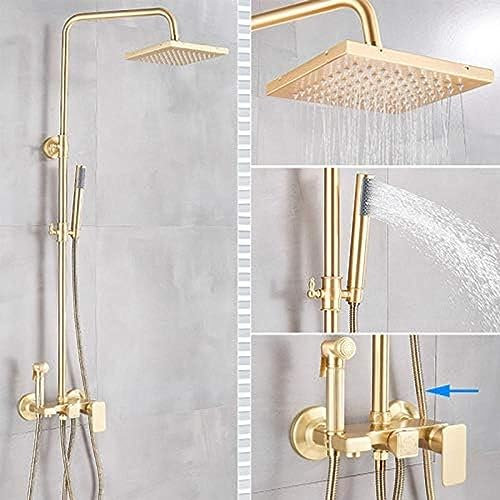Luxury Brushed Gold Shower Faucet Set with Rainfall Showerhead Bathtub Mixer Tap and Hand Shower Modern Bath Shower Water Mixer Tap Set Brushed Gold Finish