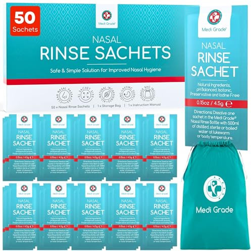 Medi Grade Saline Nasal Rinse Salt Sachets for Nasal Irrigation 50 Sachets x 4.5g -All Natural, Isotonic and pH Balanced for Clear Nasal Passages and Improved Breathing