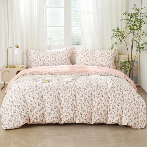 SAPHREAS Pink Bellflower Duvet Cover Set 100% Cotton Double Size 3pcs, Garden Style Blossom Floral Bedding Comforter Cover Set, 1 Duvet Cover 2 Pillow Shams, Comforter Not Included