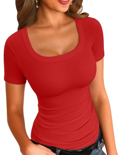 VICHYIE Damen-T-Shirt, Sommer, kurzärmelig, quadratischer Ausschnitt, lässiges T-Shirt, gerippt, schmale Hemden