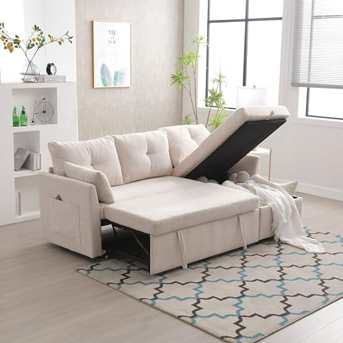 Autheria Divano Letto 3 Posti con Penisola, Divano Angolare 3 Posti Forma di L, Divano Letto Matrimoniale con Materasso, Divano 3 Posti con Braccioli e Vano Portaoggetti, Poliestere Beige