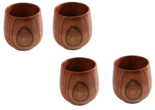 OFFSCH Wooden Tea Cups Set 4 Pcs Small Belly Hot Drink Cups Natural Solid Wood Household Drinkware for Tea Room and Hotel Use