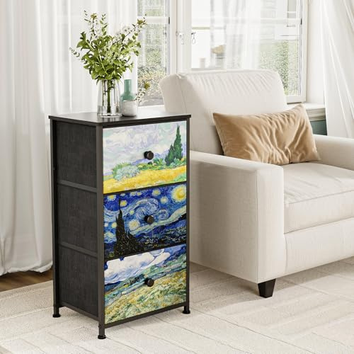 Welfuturer Kommode mit 3 Schubladen aus Stoff Van Gogh Komodenschrank Schminktisch Aufbewahrungsschrank für Schlafzimmer Industrieller Schrank Flur, Wohnzimmer, Kinderzimmer