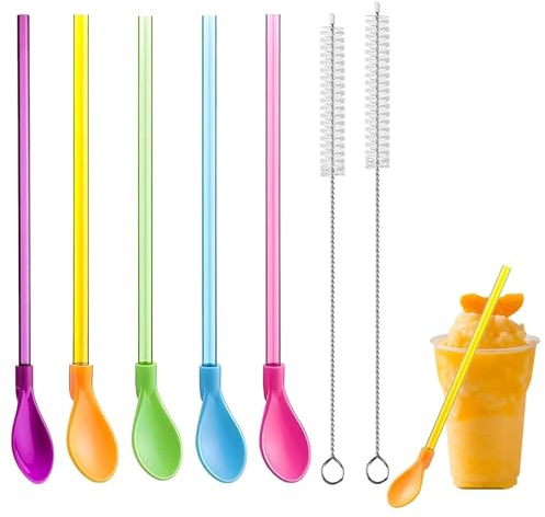 22 Stück Slush Strohhalme, 2 in 1 Strohhalm mit Löffel Set, Wiederverwendbarer Hartplastik Strohhalme mit Löffel, Slush, Cocktail, Smoothies, Kaffee und Bubble Tea